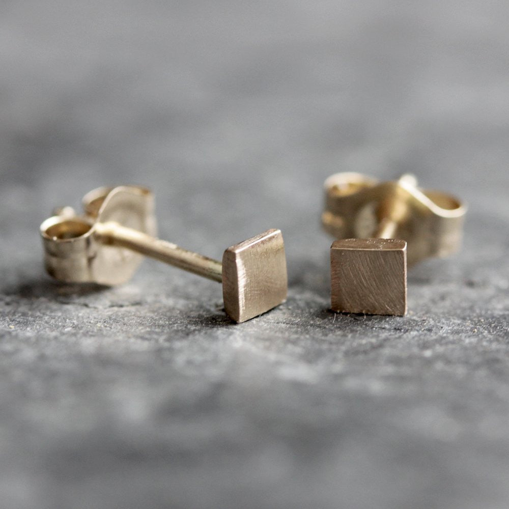 14k Square Post Earrings - Simple Geometric Studs in Solid 14k Yellow Gold