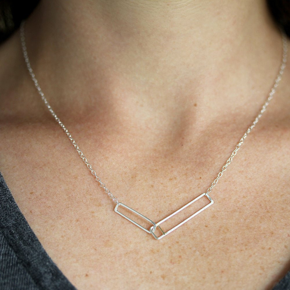 Pyra Necklace - Linked Rectangle Pendant with Intricate Line Detail in Silver or 14k Gold