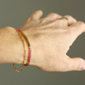 Watermelon Tourmaline Wrap Bracelet on Gold Paperclip Chain
