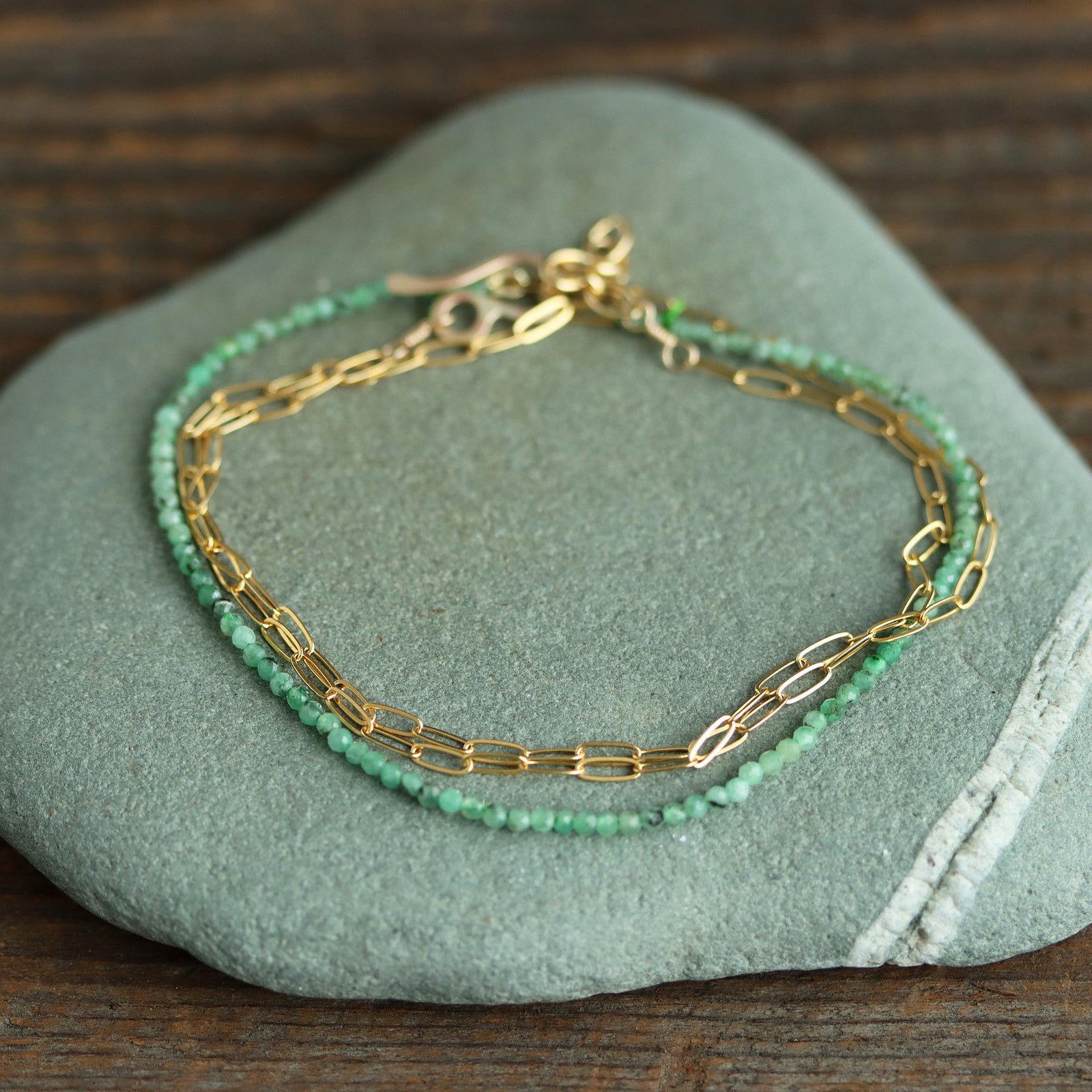 Emerald Wrap Bracelet or Necklace on Gold Chain