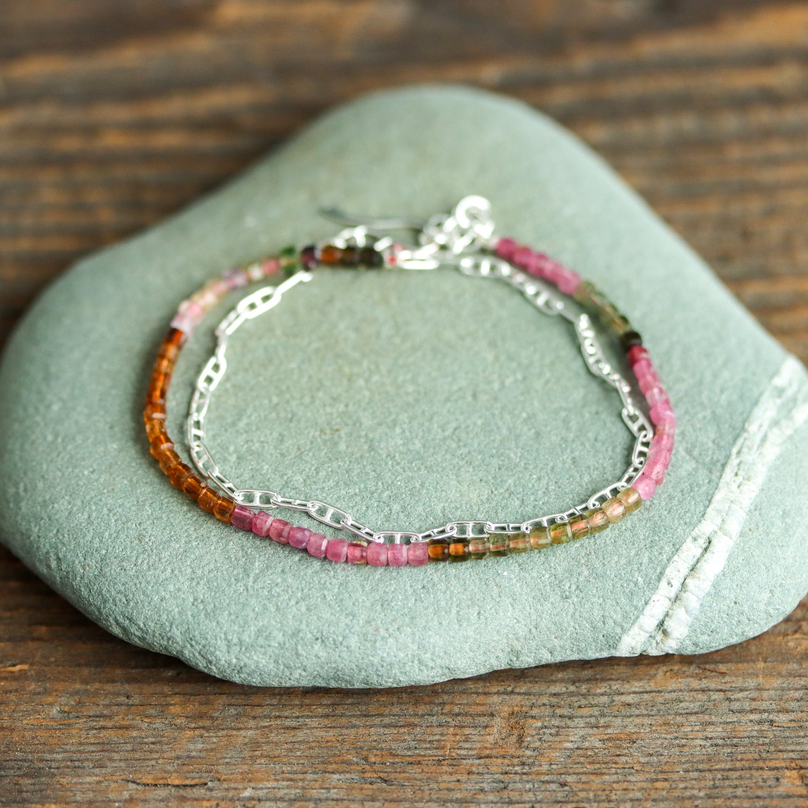 Watermelon Tourmaline Wrap Bracelet With Silver Chain
