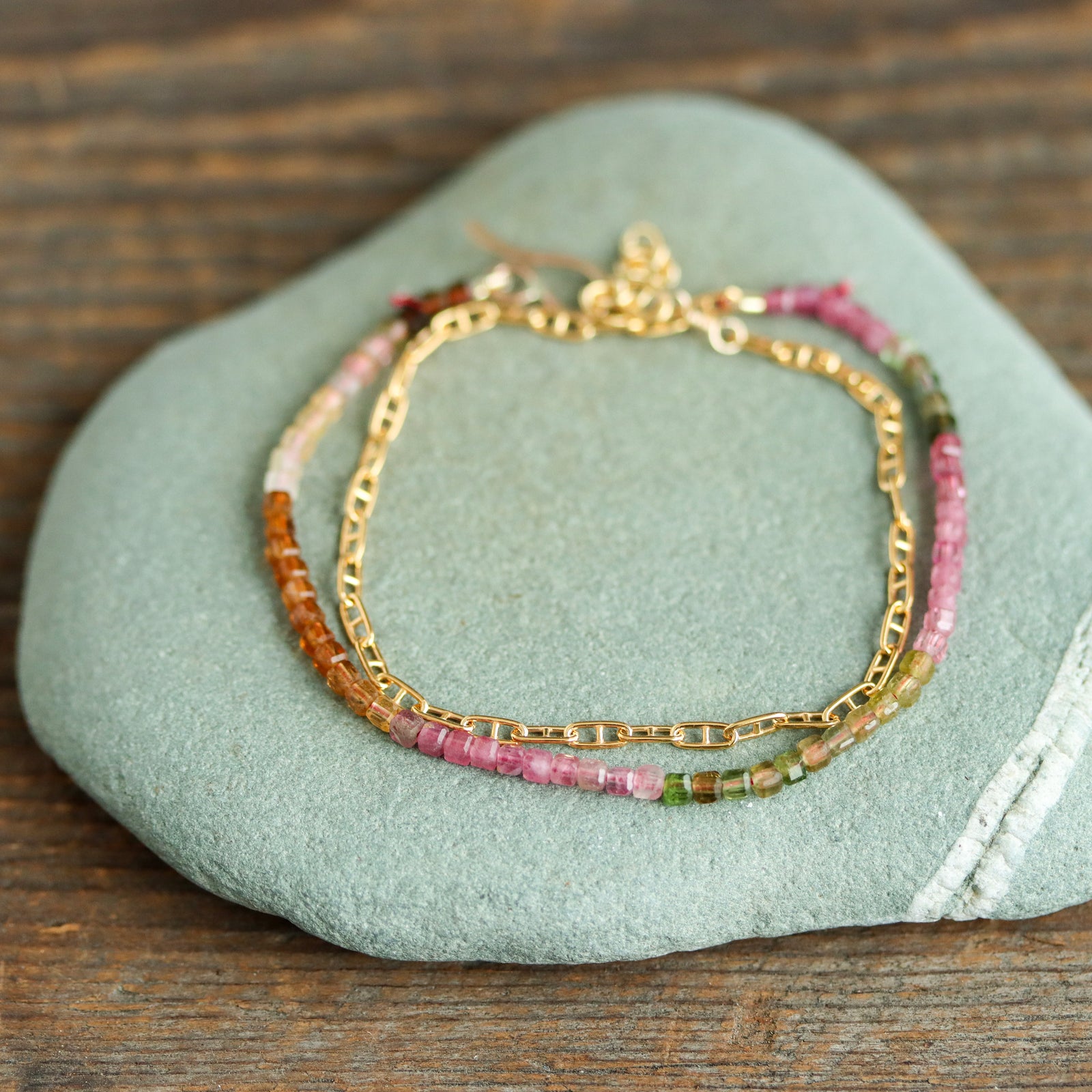 Watermelon Tourmaline Wrap Bracelet on Gold Paperclip Chain