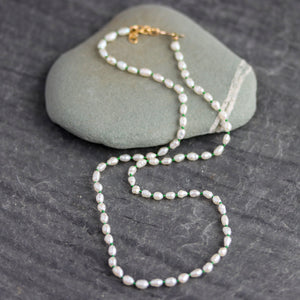 Keshi Pearl Knotted Necklace on Green Silk