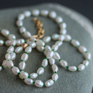 Keshi Pearl Knotted Necklace on Green Silk