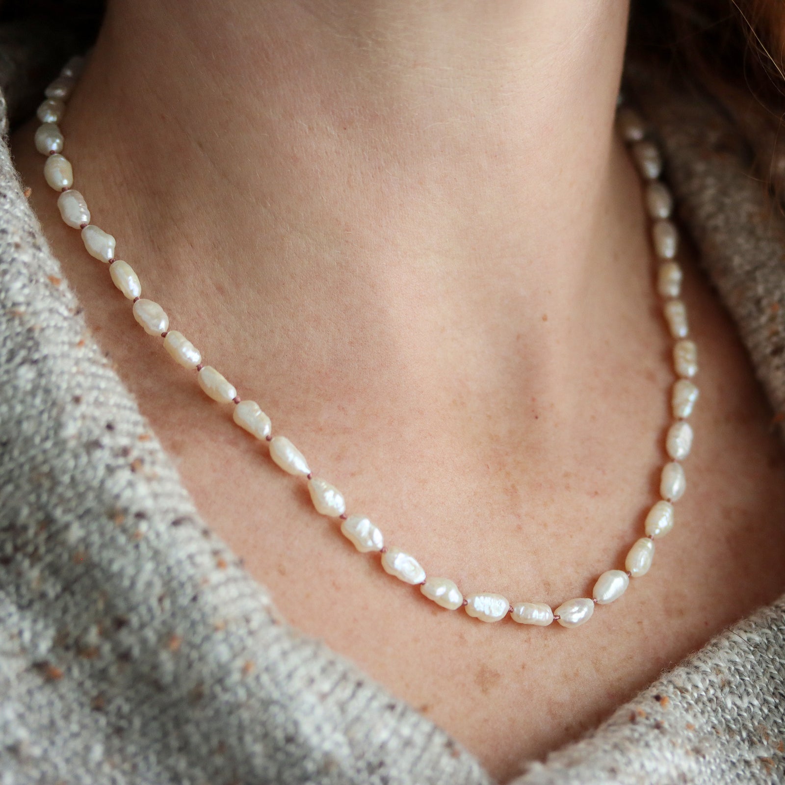 Keshi Pearl Knotted Necklace on Dusty Pink Silk