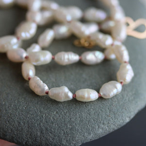 Keshi Pearl Knotted Necklace on Dusty Pink Silk