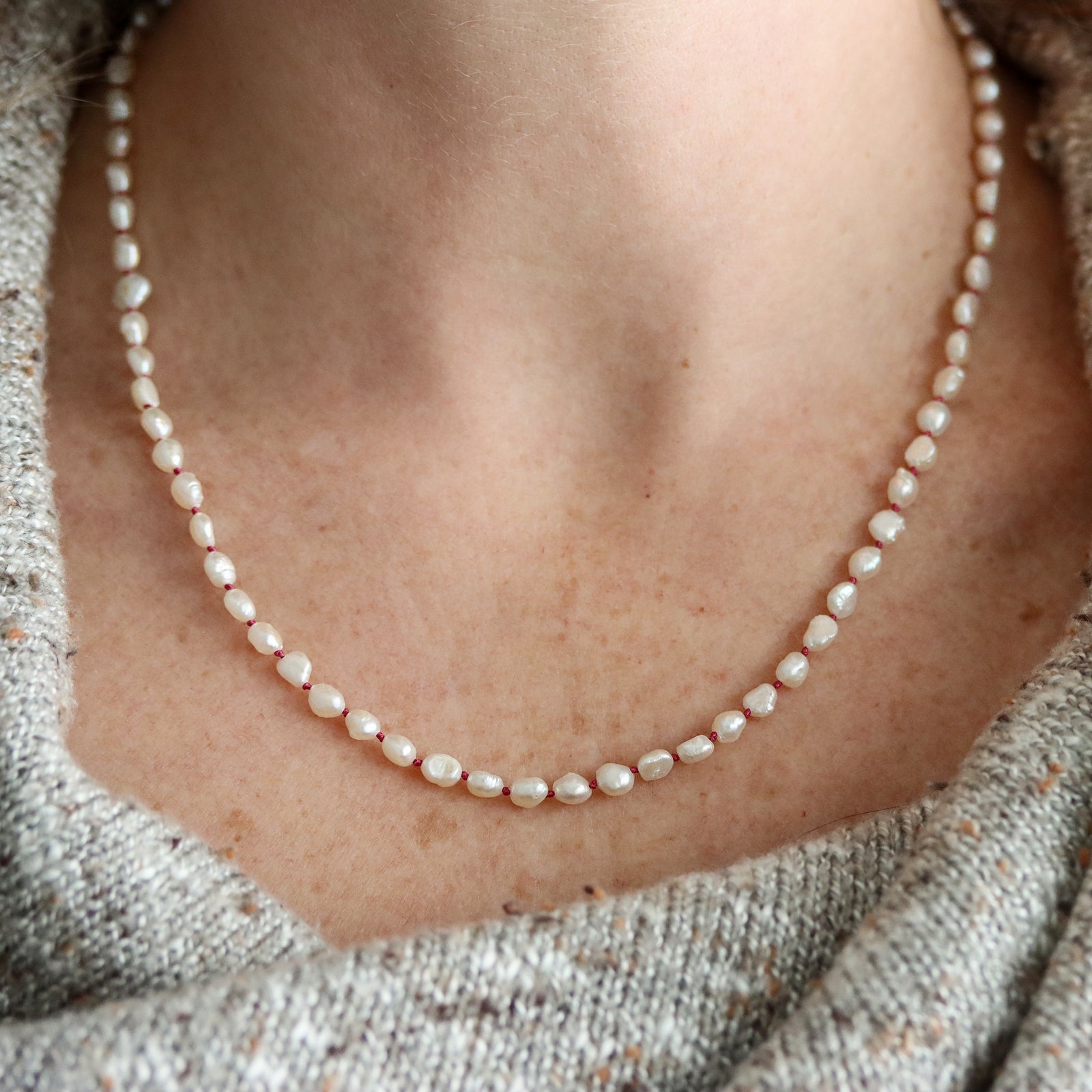 Keshi Pearl Knotted Necklace on Red Silk