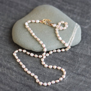 Keshi Pearl Knotted Necklace on Red Silk