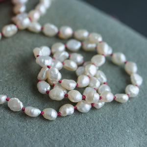 Keshi Pearl Knotted Necklace on Red Silk