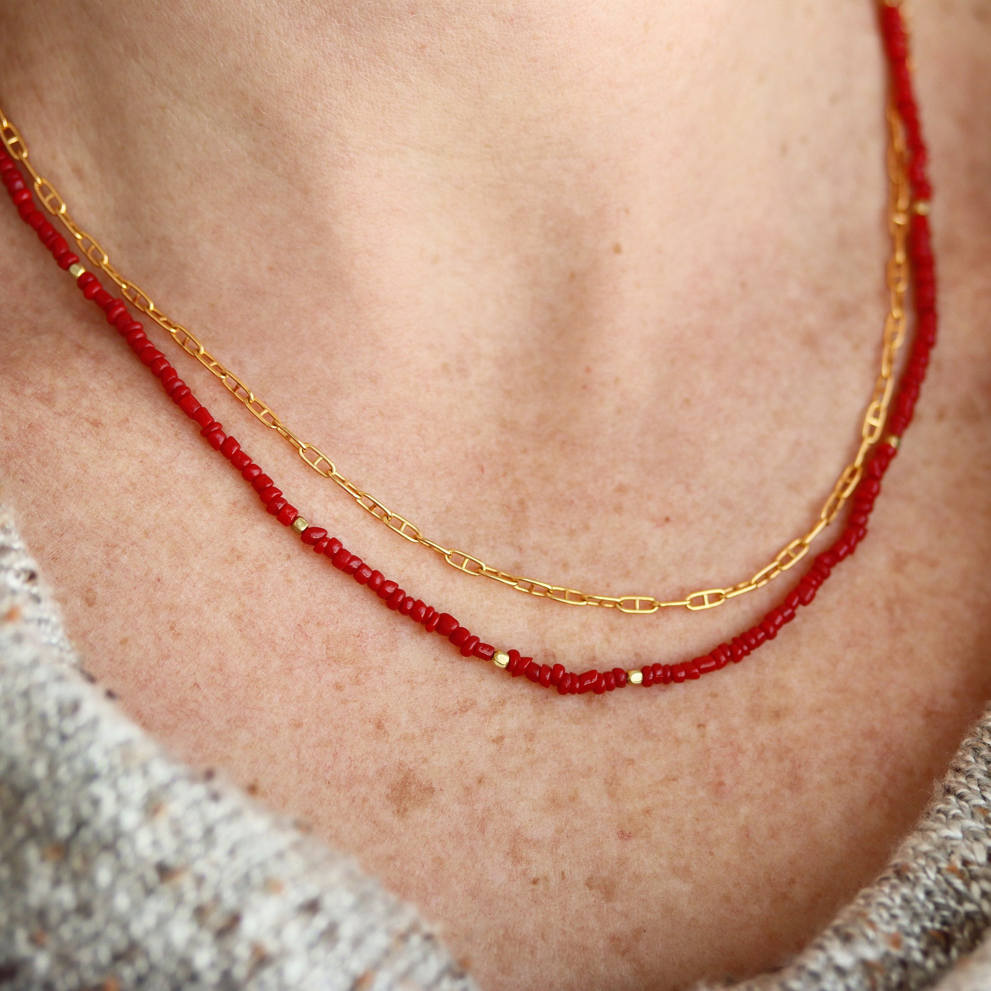 Vintage Red Glass and Gold Fill Wrap Necklace