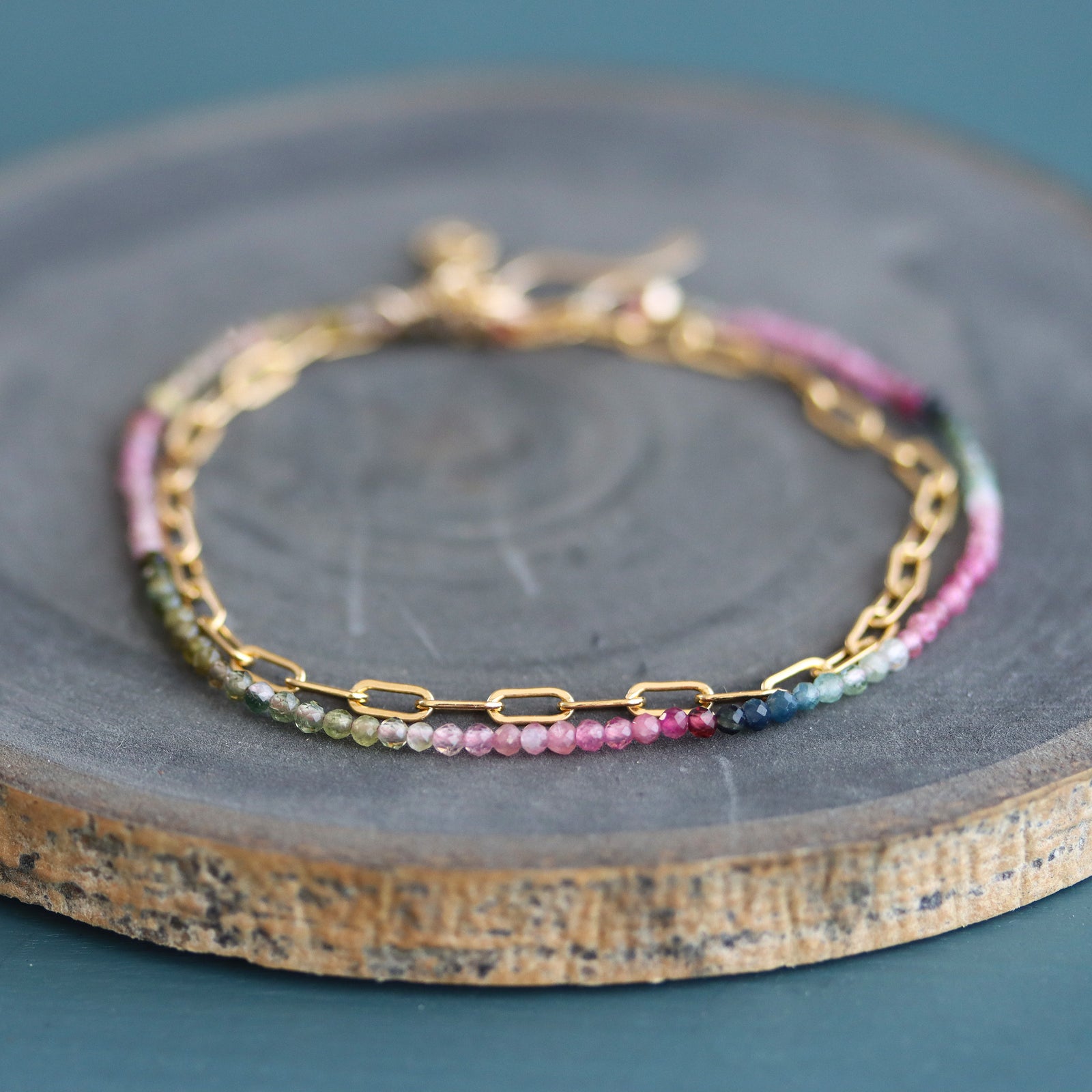 Watermelon Tourmaline and Paperclip Chain Wrap Bracelet