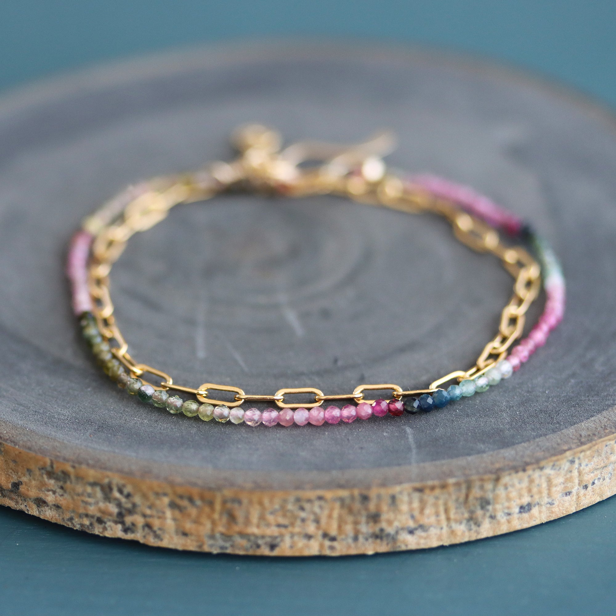 Watermelon Tourmaline and Paperclip Chain Wrap Bracelet