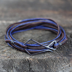 Hook Wrap Bracelet - Unisex Leather and Cotton Wrap Bracelet With Oxidized Silver Clasp 