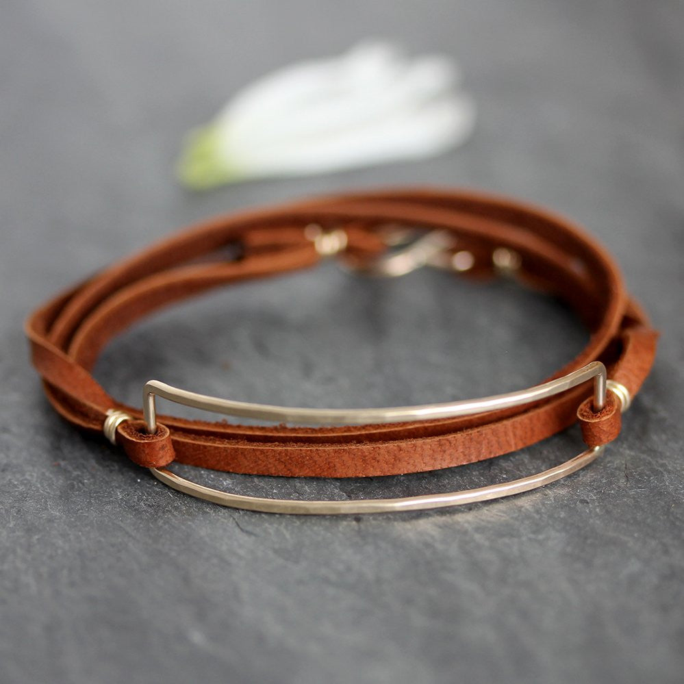 Talus Bracelet, Simple Boho Hammered Narrow Rectangle on Leather Lace