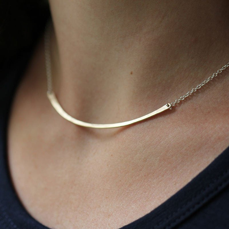 Horizon Necklace - Hammered Gently Curved Bar with Delicate Double Chain