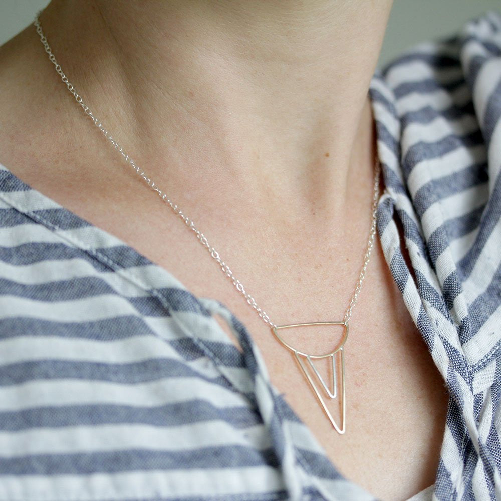 Sheartail Necklace, Handmade Geometric Pendant Design With Layered Triangles and Delicate Chain