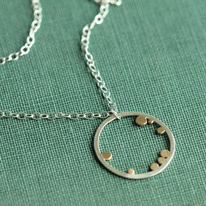 Galaxy Necklace - Open Sterling Silver Circle Pendant With 14k Gold Dots on a Delicate Chain 