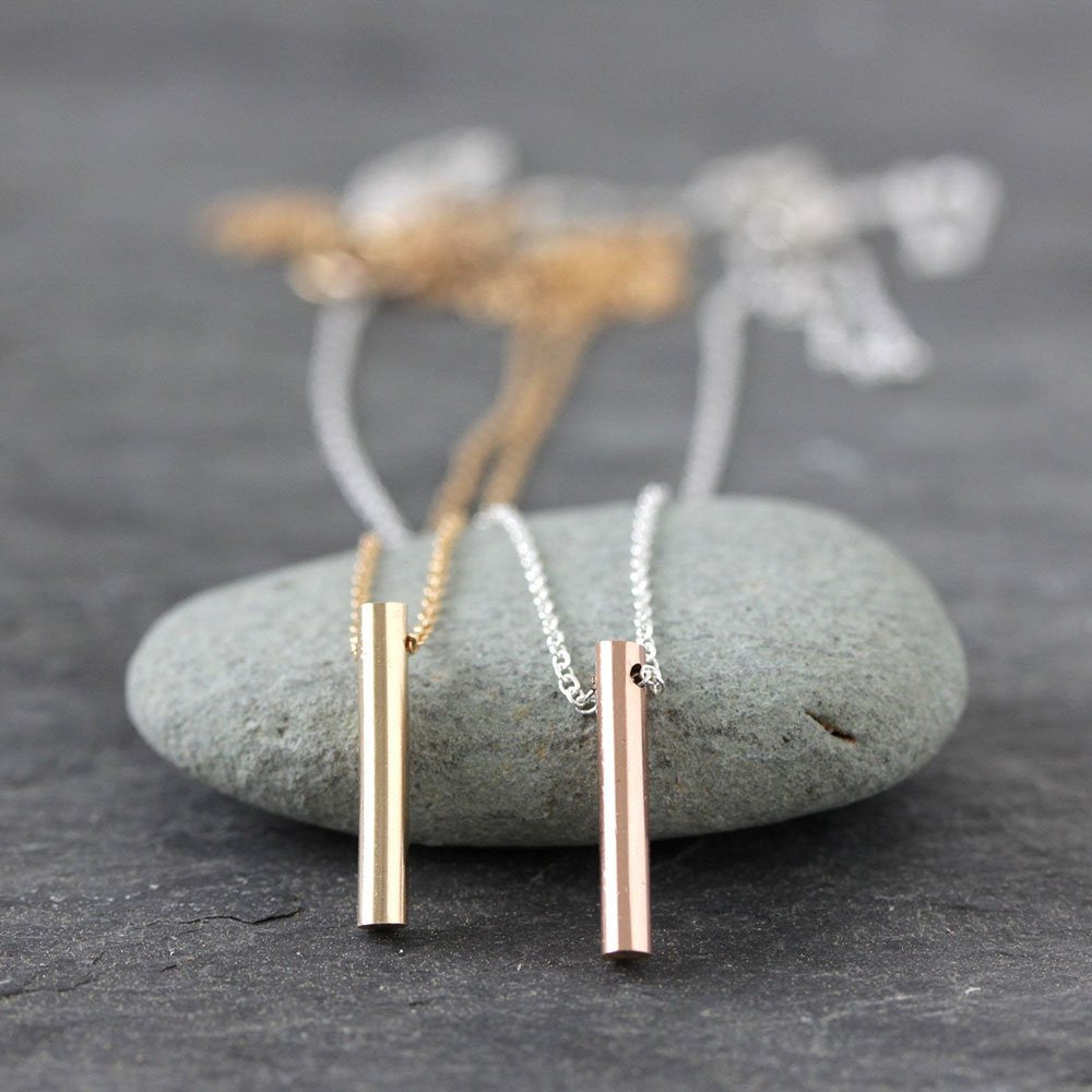 Pillar Necklace With Sterling Silver, Rose or Yellow 14k Gold Fill Pendant, Minimalist Bar Necklace