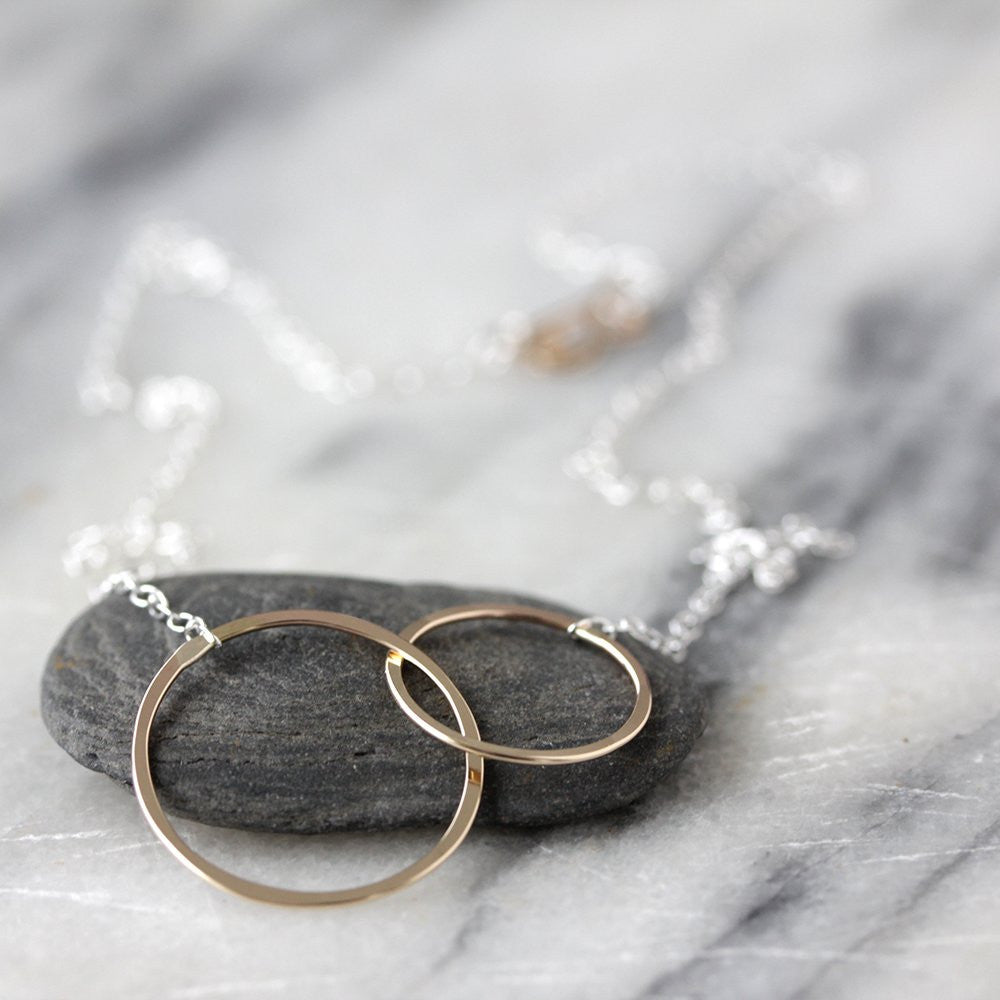 Mima Necklace - Asymmetrical Linked Circle Necklace, Delicate Hammered Circles on Chain