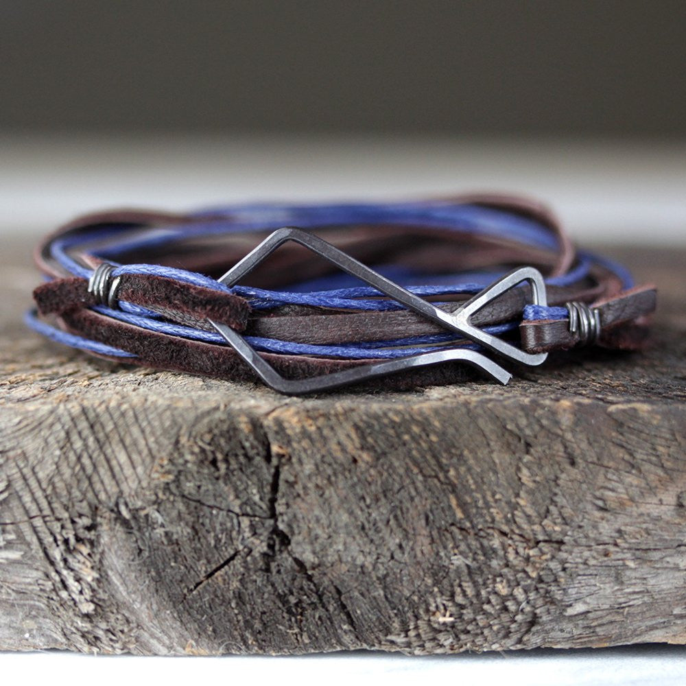 Hook Wrap Bracelet - Unisex Leather and Cotton Wrap Bracelet With Oxidized Silver Clasp 