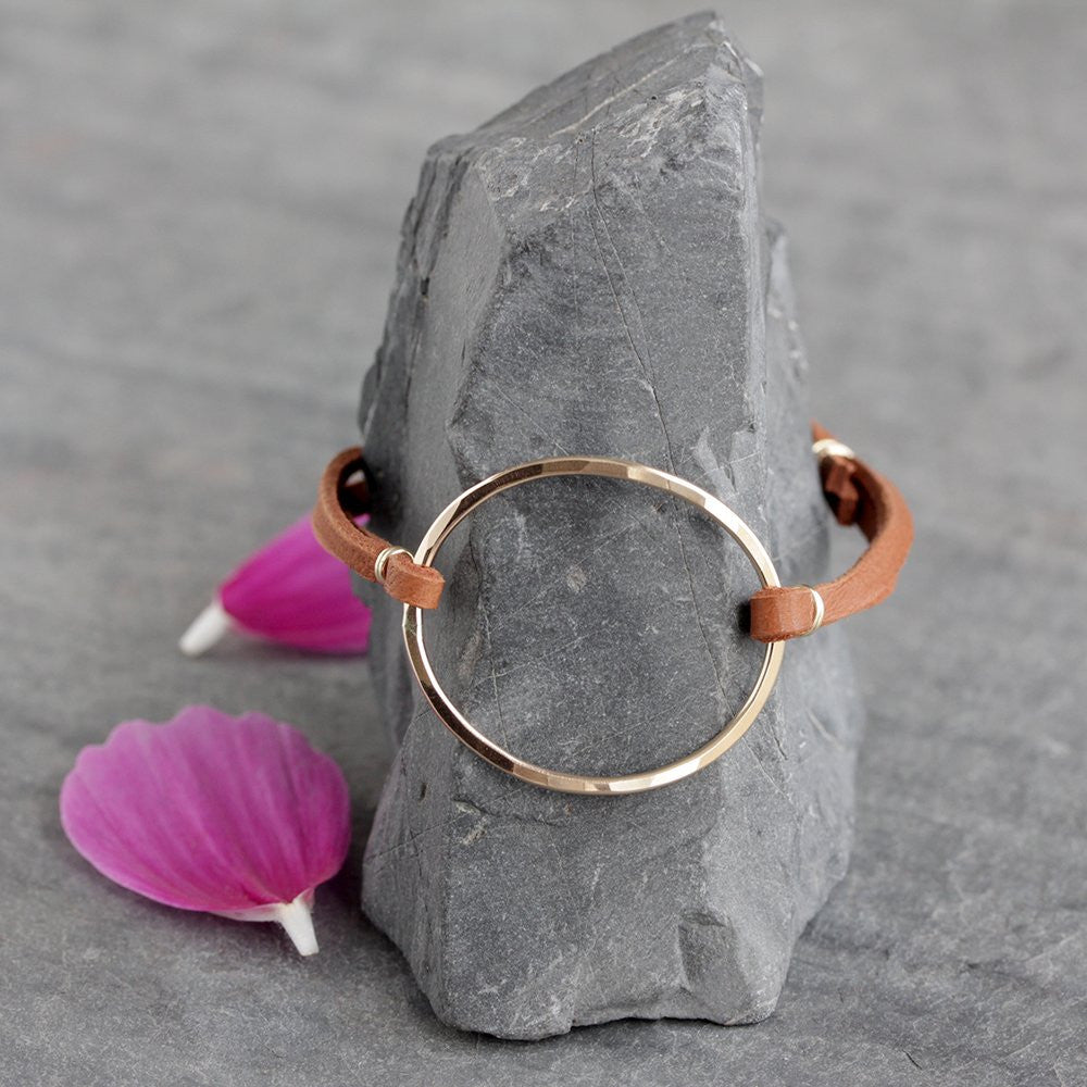 Olivia Circle Bracelet on Leather Cord, Handmade in Either Sterling Silver or 14k Gold Fill