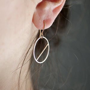 Shield Earrings, Modern Geometric Hammered Oval Dangles with a Asymmetrical Straight Line Detail