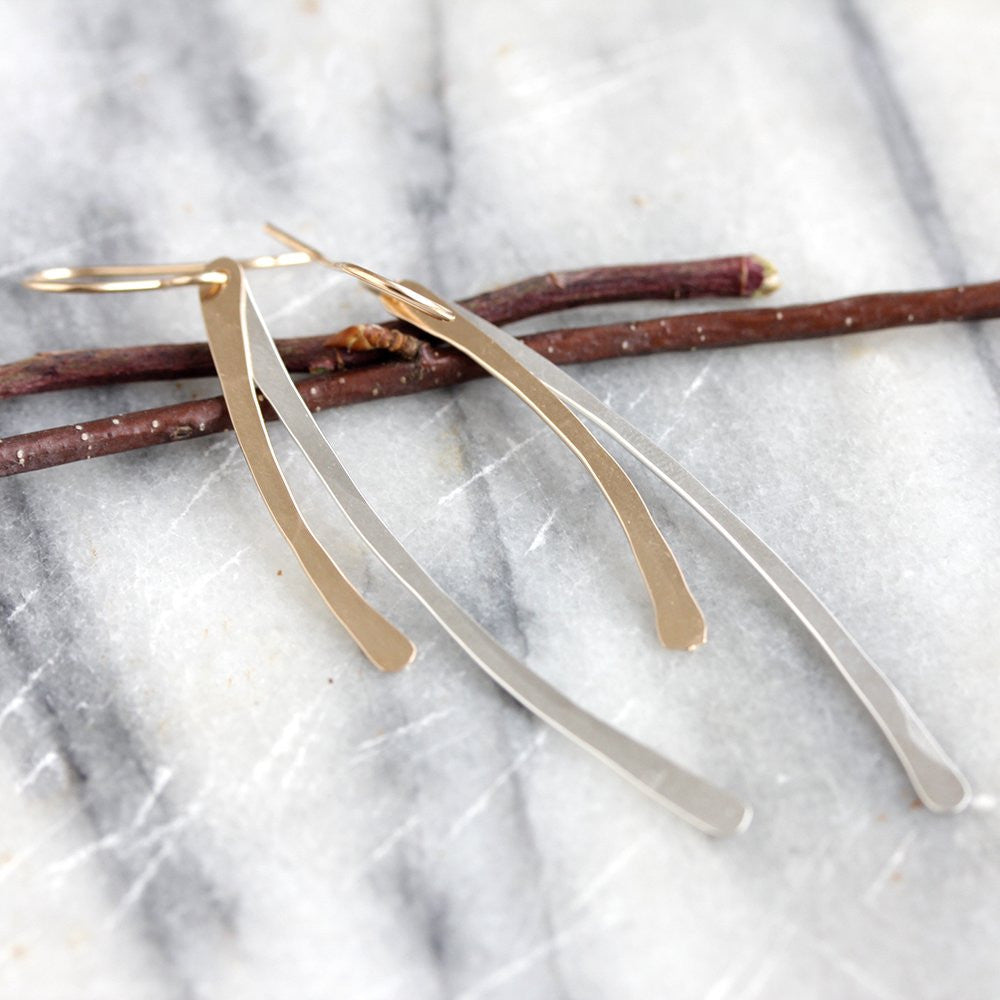 Double Arc Earrings - Minimalist Hammered Bar Dangle Earrings with a Gentle Curve