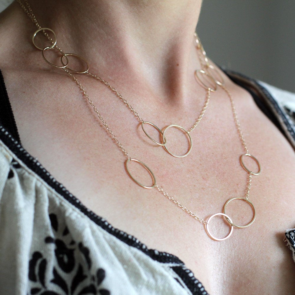 Echo Necklace - Asymmetrical Long Necklace or Double Wrap Necklace With Asymmetrical Circles