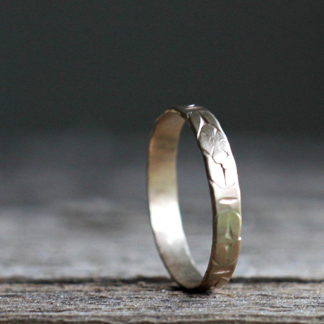 Emily 14k Yellow Gold Floral Pattern Ring, Boho Wedding Band or Stacking Ring