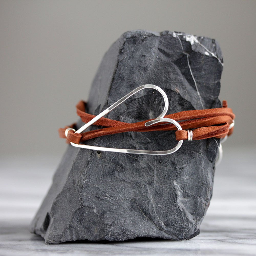 Share the Love Heart Wrap Bracelet on Red Cotton or Warm Brown Suede 