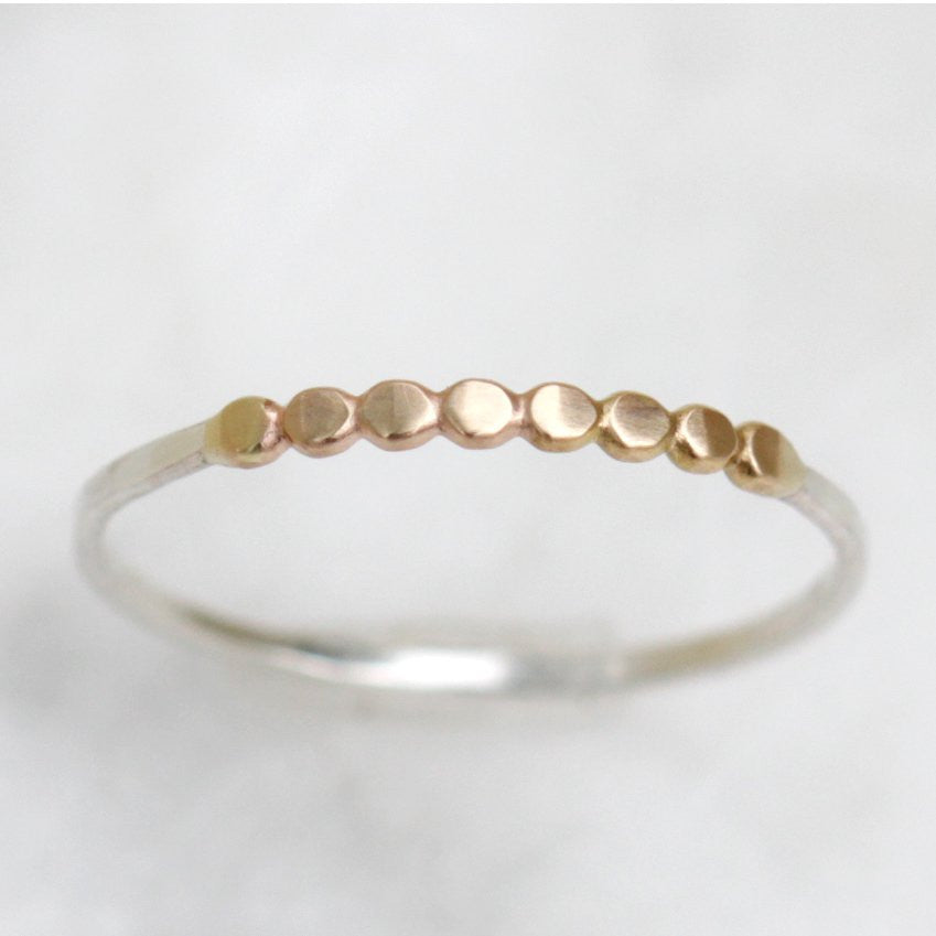 Demi-Orbit Band - Textured Mixed Metal Stacking RIng with Hammered 14k Beaded Wire Center