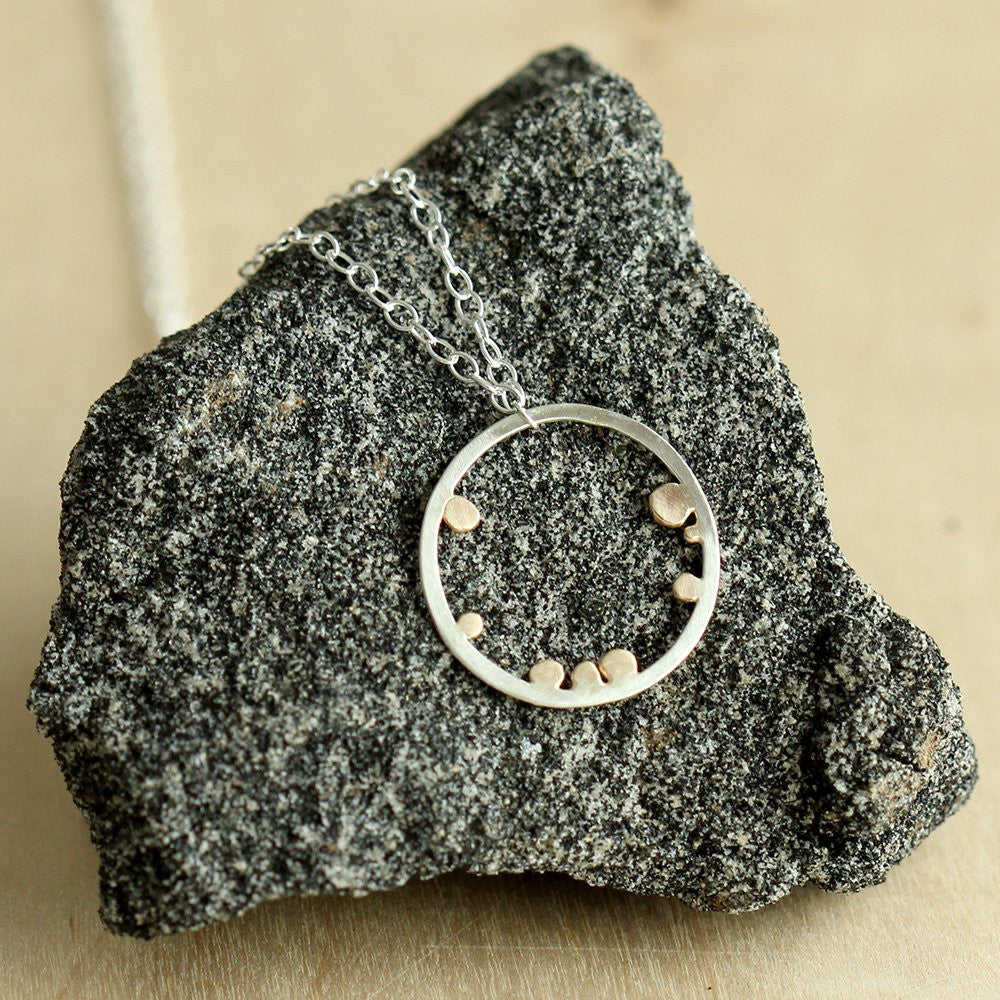 Galaxy Necklace - Open Sterling Silver Circle Pendant With 14k Gold Dots on a Delicate Chain 