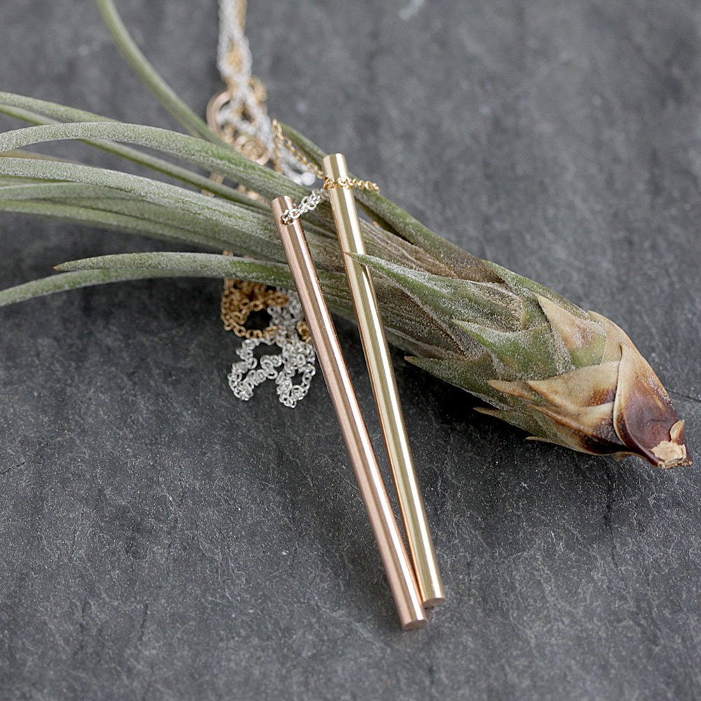 Gold Column Necklace, 14k Rose or Yellow Gold Fill Cylinder Bar Pendant on Chain