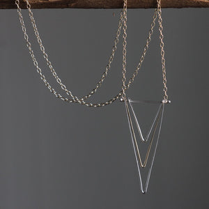 Deepest Depths Necklace - Long Handmade Triple V Necklace in Sterling Silver and 14k Gold Fill 