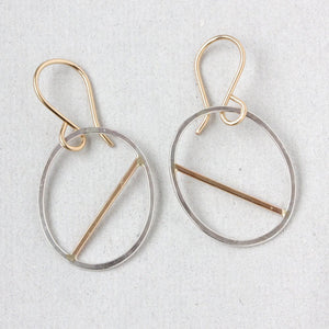 Shield Earrings, Modern Geometric Hammered Oval Dangles with a Asymmetrical Straight Line Detail