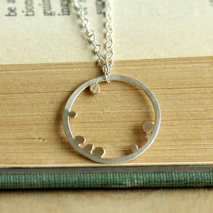 Galaxy Necklace - Open Sterling Silver Circle Pendant With 14k Gold Dots on a Delicate Chain 