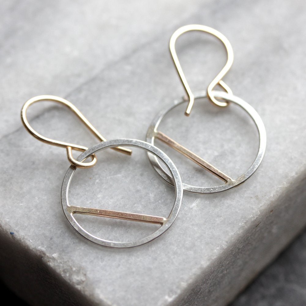 Small Horizon Earrings - Minimalist Open Circle Design With Asymmetrical Line Detail